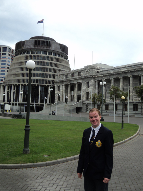 At the Beehive, the Parliament buildings, in Wellington.
